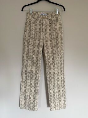 Zara Snake-Pattern Straight Leg Jeans in Cream and Taupe 100% Cotton Sz 2